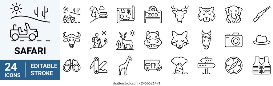 safari line web icons. African Animals, ecotourism activities. national parks. Editable stroke.