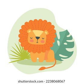 Safari lion icon. King of all animals, tropical and exotic animal on background of leaves. Dangerous predator and mammal, African fauna. Poster or banner for website. Cartoon flat vector illustration