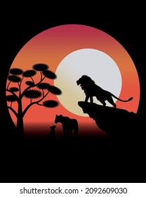 Safari, lion on the mountain, lioness with a little lion cub on the background of a colorful sunset. Happy family. Wildlife