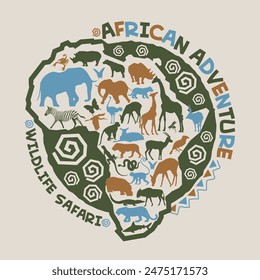 safari logo with wild animal silhouette and africa map