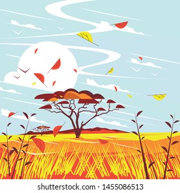 Safari magnificent view scene in vector. Savannah tree standing in mid position shedding the leaves. Wild beautiful scene