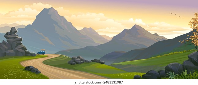 Safari of meadows, mountains, and a beautiful sunset landscape.