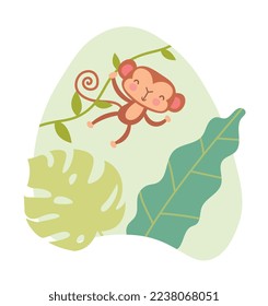 Safari monkey icon. Charming character hanging on liana, movement and activity. Poster or banner for website. Biology and zoology, educational materials concept. Cartoon flat vector illustration