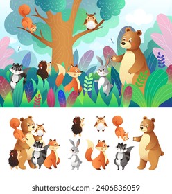 Safari nature. Jungle forest. Cute animals group. Cartoon bear and fox in meadow. Baby owl. Summer woodland. Children landscape. Kids art collection. Childish fairytale background. Vector tidy design