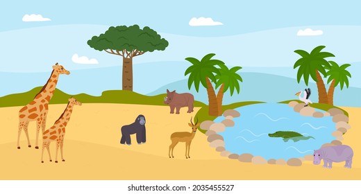 Naturaleza safari, concepto de fauna salvaje de la sabana, ilustración vectorial. Animales africanos en el paisaje veraniego, jirafa, gorila, rinoceronte cerca de un estanque acuático.