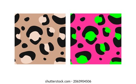 Safari Neon pattern. Leopard seamless print. Vector illustration. A set of two leopard ornaments