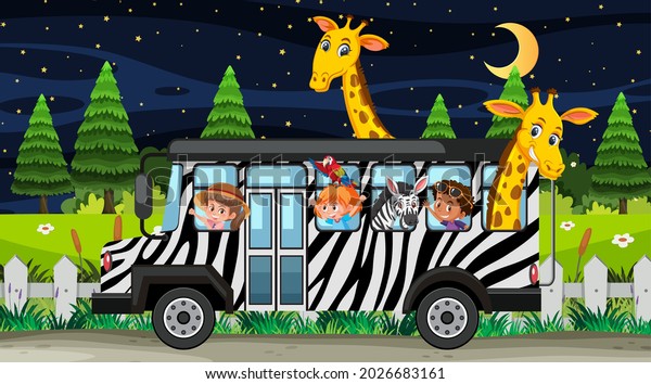 Safari at night scene with children and\
animals on the bus\
illustration
