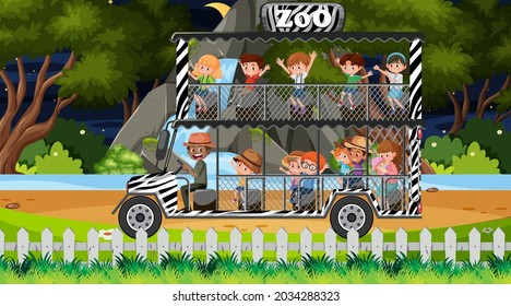 Safari at night scene with children on tourist car illustration