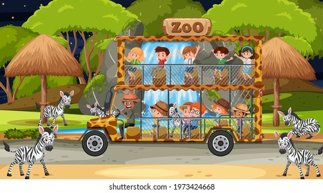 Safari at night scene with children watching zebra group illustration