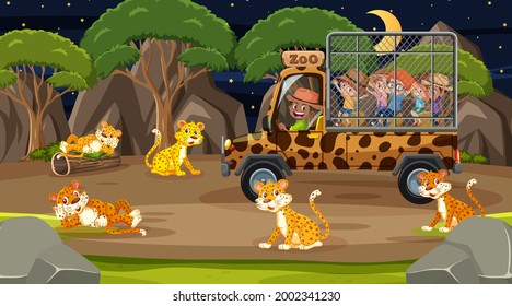 Safari at night scene with children watching leopard illustration