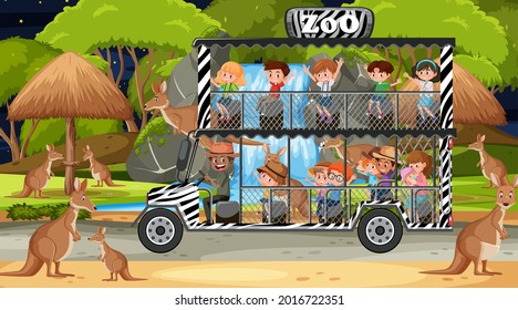 Safari at night scene with children watching kangaroo group illustration