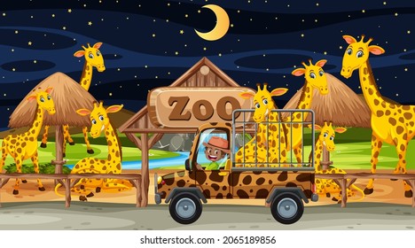 Safari at night scene with giraffe group in the cage car illustration