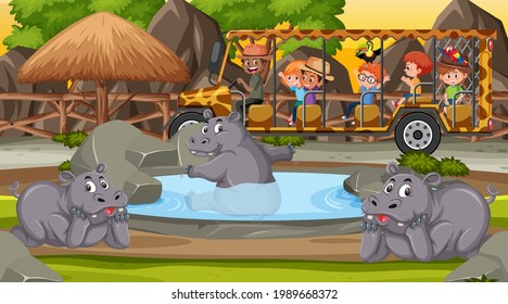 Safari at night scene with kids watching hippopotamus group illustration