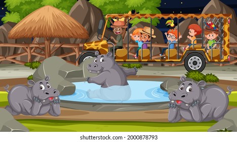 Safari at night scene with kids watching hippopotamus group illustration