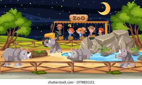 Safari at night scene with many kids watching rhinoceros group illustration