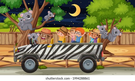 Safari at night scene with many kids watching koala group illustration