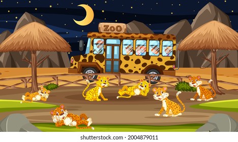 Safari at night scene with many kids watching leopard group illustration