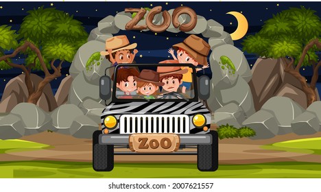 Safari At Night Scene With Many Kids In A Jeep Car Illustration