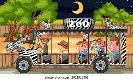 Safari at night scene with many kids watching zebra group illustration