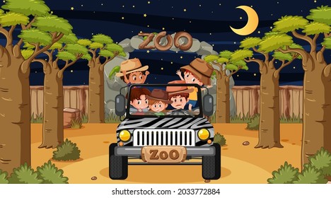 Safari at night scene with many kids in a jeep car illustration
