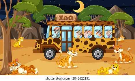 Safari at night scene with many kids watching leopard group illustration