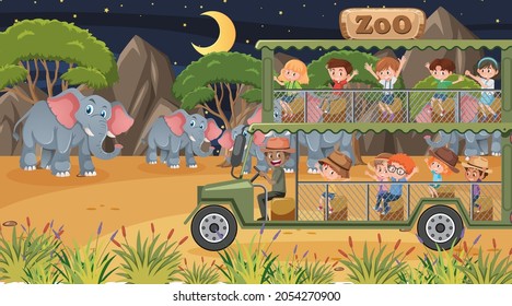 Safari at night scene with many kids watching elephant group illustration