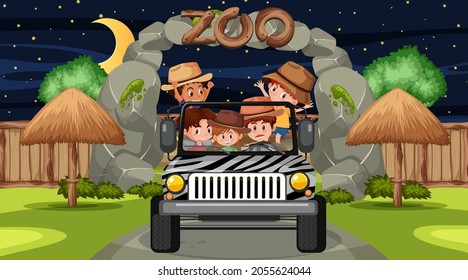 Safari at night scene with many kids in a jeep car illustration