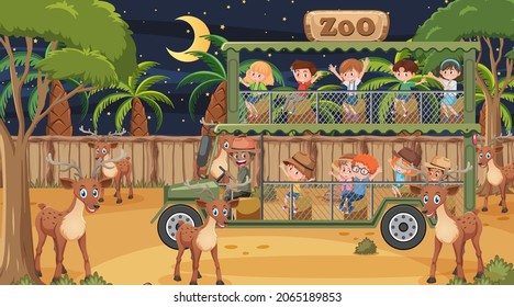 Safari at night scene with many kids watching leopard group illustration
