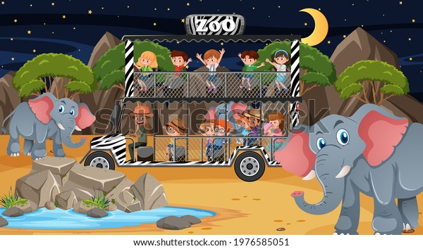 Safari at night scene with many kids\
watching elephant group\
illustration