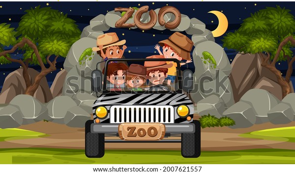 Safari at night scene with many kids in a\
jeep car illustration