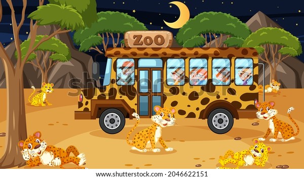 Safari at night scene with many kids\
watching leopard group\
illustration