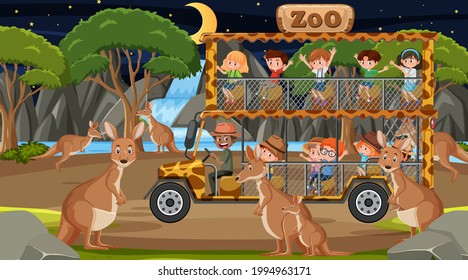 Safari at night time scene with children watching kangaroo group illustration