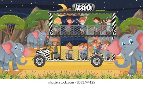 Safari at night time scene with children watching elephant group illustration