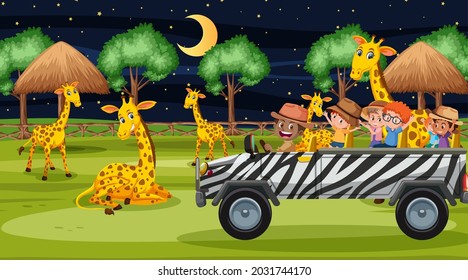 Safari at night time scene with children watching giraffe group illustration