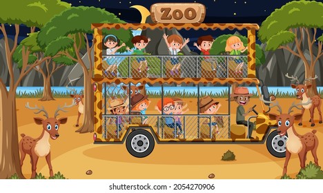 Safari at night time scene with children watching deer group illustration