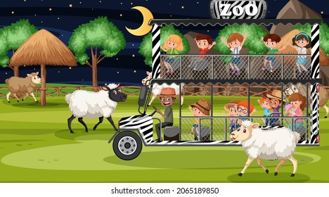Safari at night time scene with children watching sheep group illustration