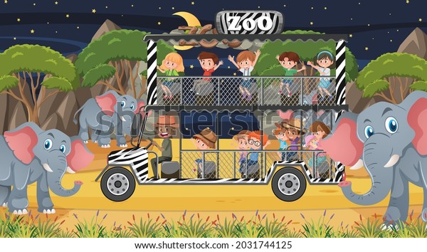 Safari at night time scene with children\
watching elephant group\
illustration