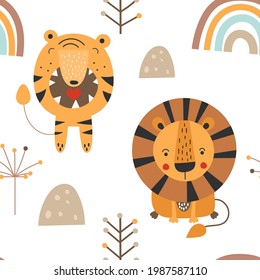 Safari nursery wall decor animals pattern. Kids fabric design with cute lion, roar tiger and rainbow.