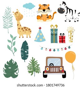 Safari object collection with giraffe, zebra,tiger,car,gift.Vector illustration for icon,sticker,printable,postcard and invitation