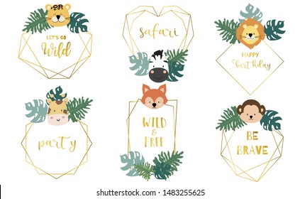 Safari object set with animal,monkey,giraffe,zebra,lion,leaves. illustration for sticker,postcard,birthday invitation.Editable element