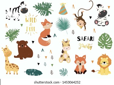 Safari object set with fox,giraffe,zebra,bear,monkey,leaves. illustration for sticker,postcard,birthday invitation.Editable element