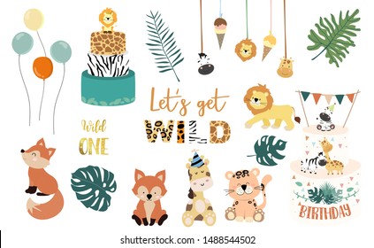 Safari object set with fox,giraffe,zebra,lion,leaves. illustration for logo,sticker,postcard,birthday invitation.Editable element