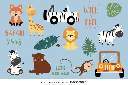 Safari object set with fox,giraffe,zebra,lion,leaves,car. illustration for logo,sticker,postcard,birthday invitation.Editable element