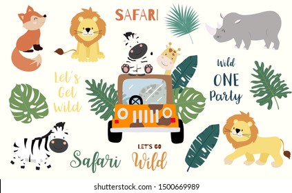 Safari object set with fox,giraffe,zebra,lion,leaves,car. illustration for logo,sticker,postcard,birthday invitation.Editable element