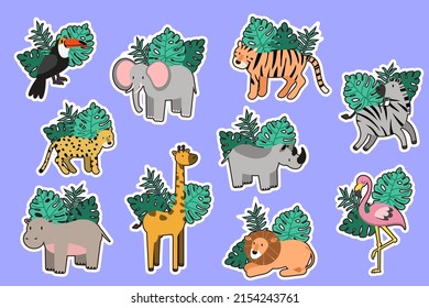 Safari object set with fox,giraffe,zebra,lion,leaves,elephant. illustration for sticker,postcard,birthday invitation.Editable element EPS