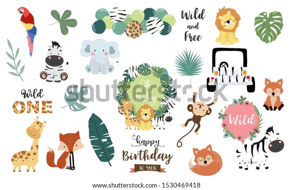 Safari object set with\
fox,giraffe,zebra,lion,leaves,elephant. illustration for\
sticker,postcard,birthday invitation.Editable\
element