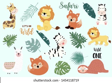 Safari object set with fox,giraffe,zebra,sloth,llama,leaves. illustration for sticker,postcard,birthday invitation.Editable element