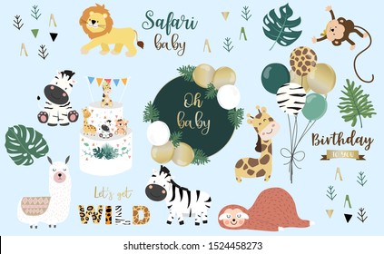 Safari object set with monkey,giraffe,zebra,lion,balloon. illustration for sticker,postcard,birthday invitation.Editable element