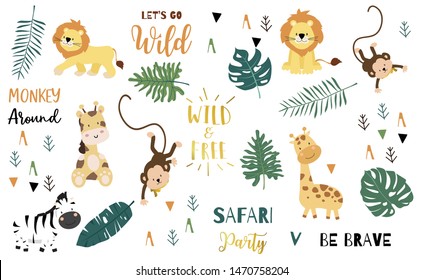 Safari Object Set With Monkey,giraffe,zebra,lion,leaves. Illustration For Sticker,postcard,birthday Invitation.Editable Element