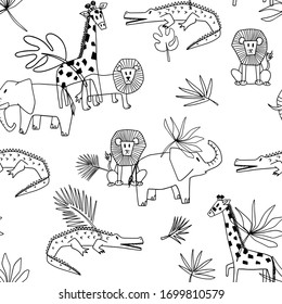 Safari outline vector seamless pattern.  Cute jungle giraffe, elephant, lion, alligator pattern for kids on white background. Childish pattern for wrapping paper, fabric, textile, wallpaper, decor